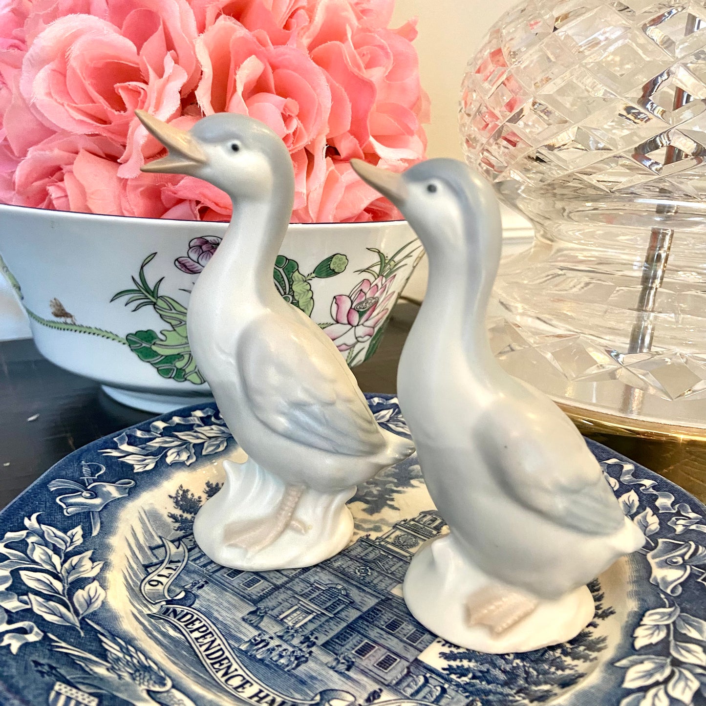 Set of two vintage chinoiserie porcelain blue & white mallard duck figurines