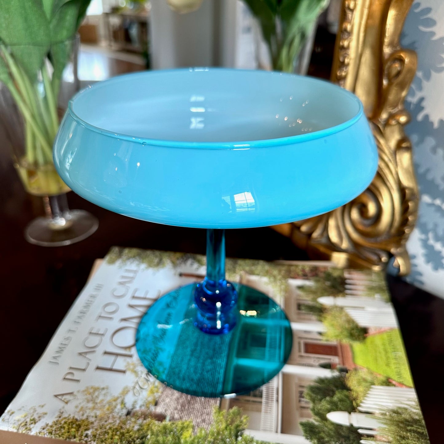 Stunning vintage aqua blue glass hand blown pedestal dish bowl
