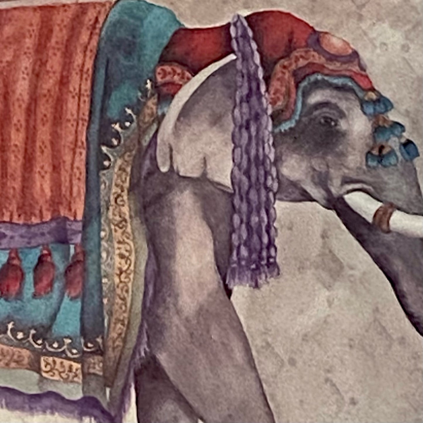 Pair of Vintage chinoiserie chic color lithograph prints of vibrant elephants.
