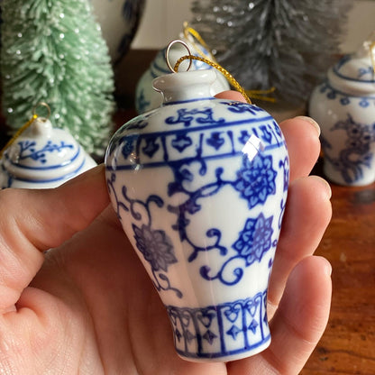 Danny’s Fine Porcelain - (6) Blue & White Porcelain Ginger Jar Ornament Set, 2.5" Tall