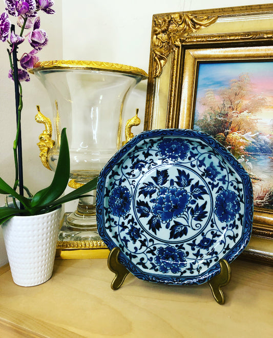 Vintage Andrea by Sadek blue floral shallow bowl- Pristine!