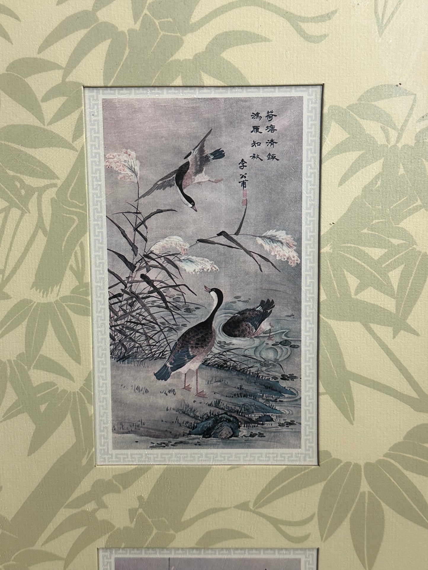 Vintage, Gold Bamboo Framed Behind Glass (2) Japanese Panels, 24x12 “Oriental Birds” 1977