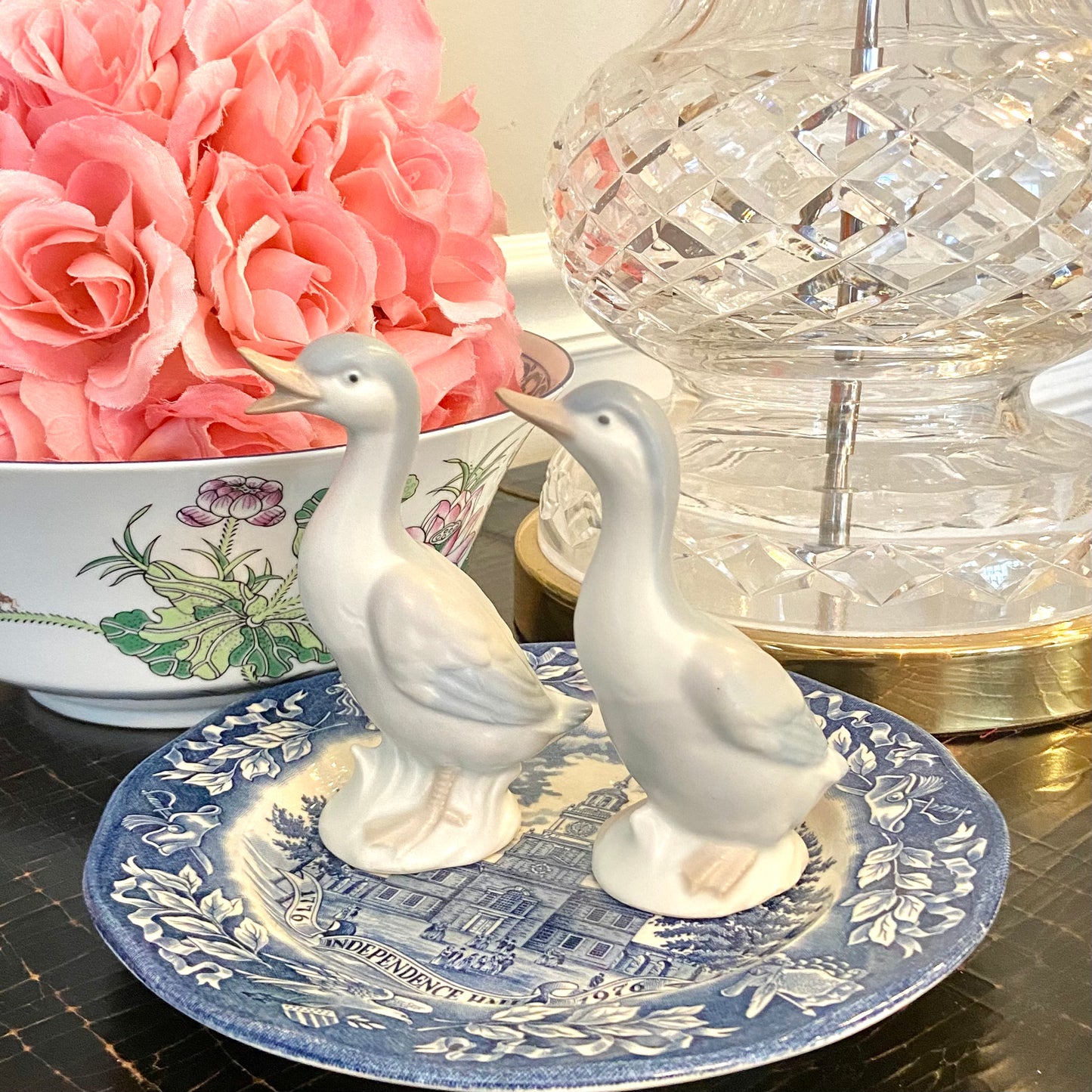 Set of two vintage chinoiserie porcelain blue & white mallard duck figurines