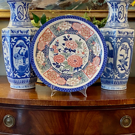 Vintage chinoiserie botanical blue & white Imari large round platter.