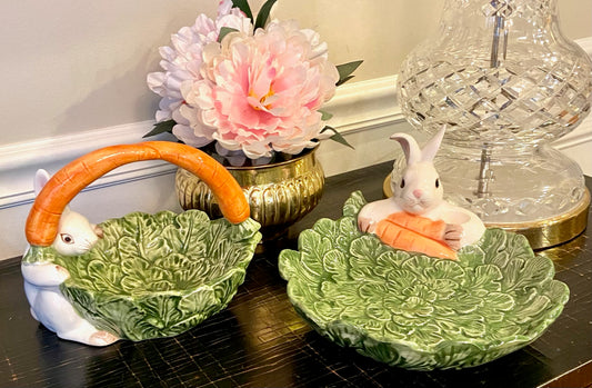 Set of 2 sweet majolica style bunny rabbit with carrots and cabbage dishes
