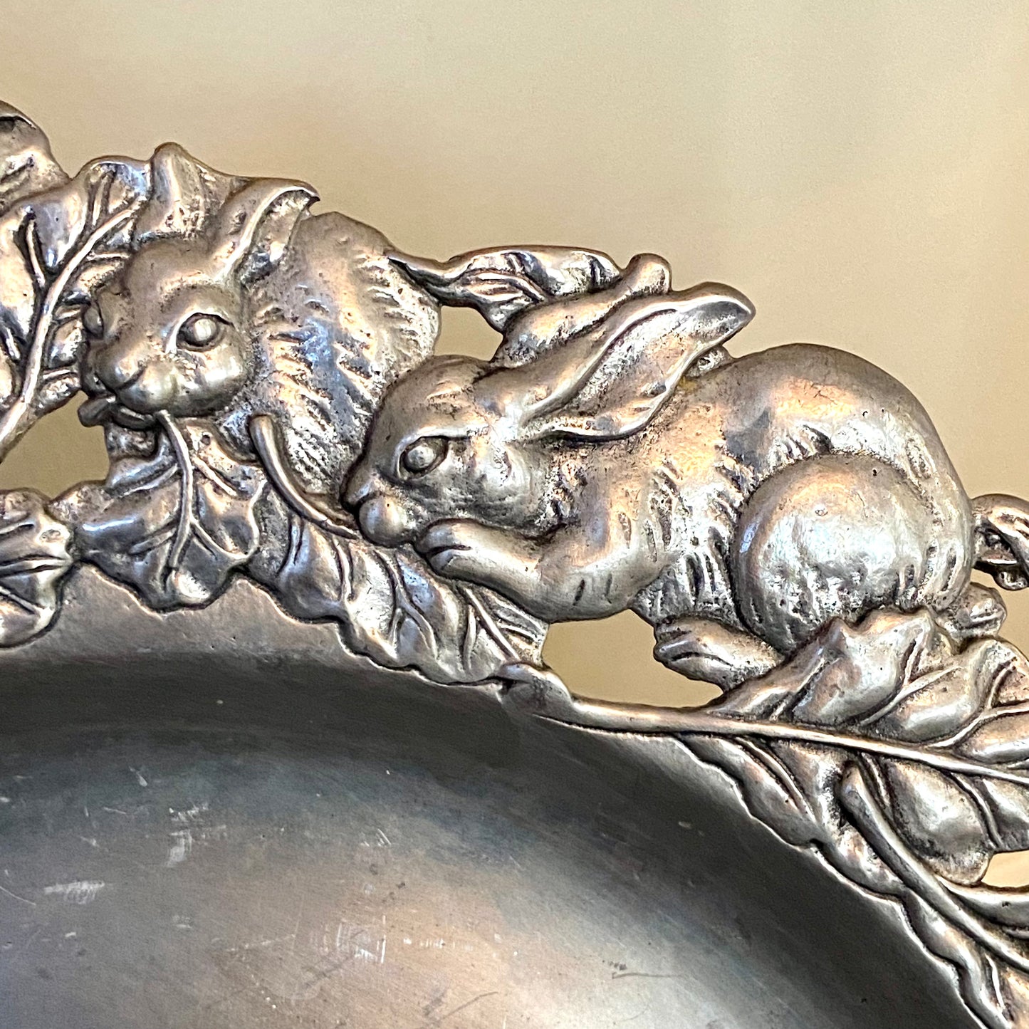 Set of two designer Arthur Court silver bunny rabbit platters. Circa 1998 and 1994 stamped