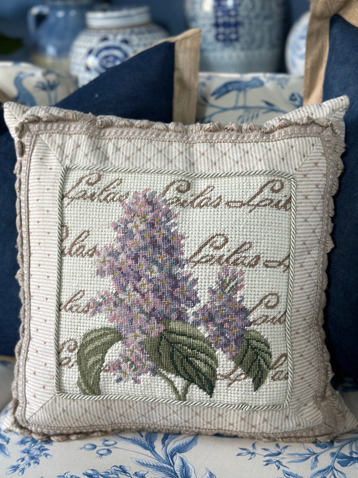 Vintage Needlepoint Pillow, Lilac- 14x14". Excellent Condition!
