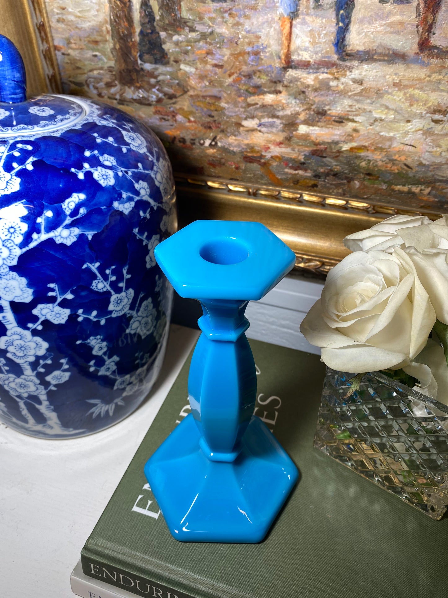 Single Vintage Blue Opaline candlestick 7.5” tall
