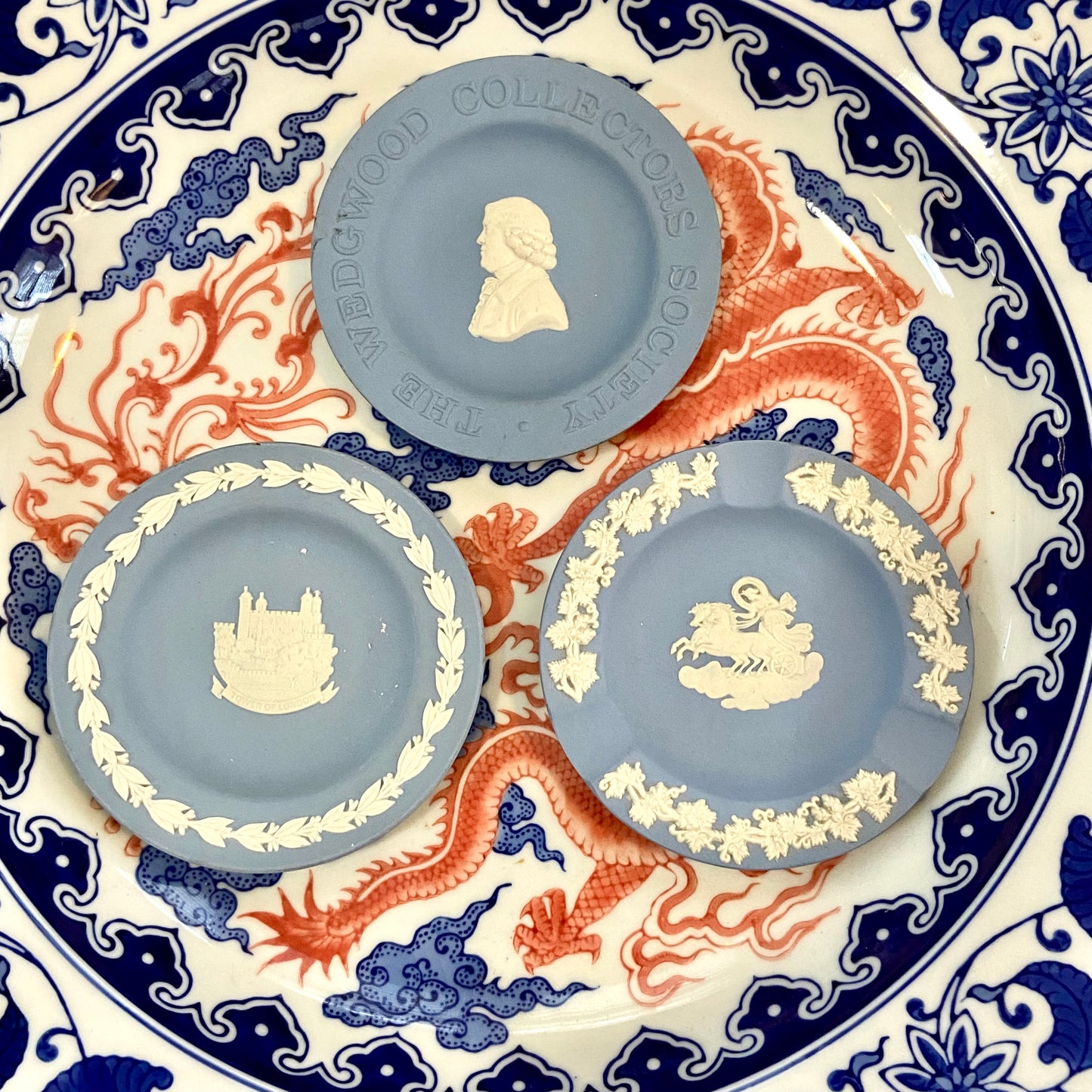 Set of 3 vintage Wedgwood blue jasperware trinket plates, pristine!