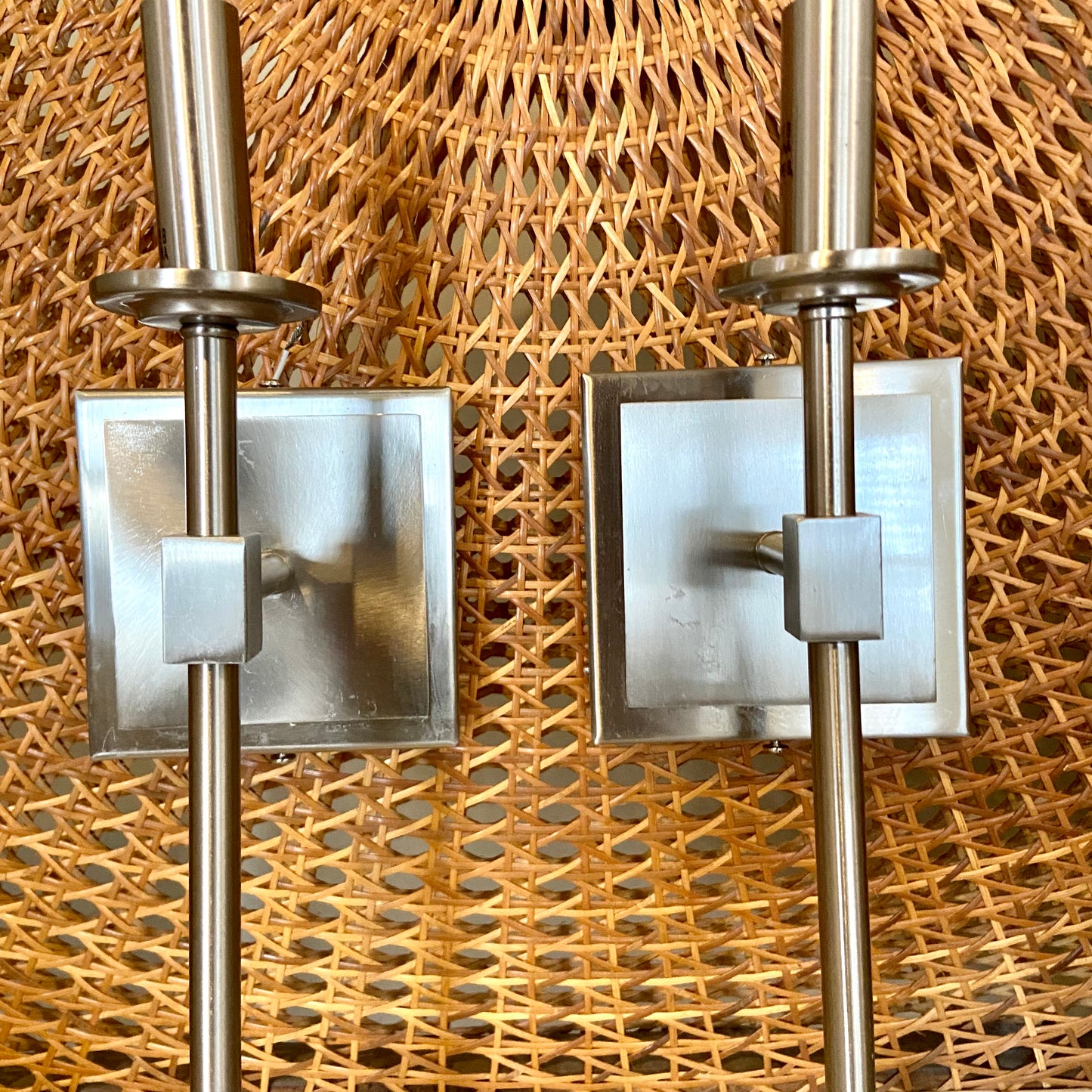 Pair brushed silver contemporary hard wired light sconces.