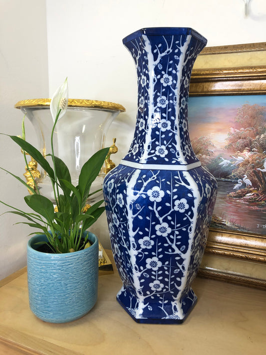 Stunning Blue and White Cherry Blossom 16” tall vase- Excellent condition!