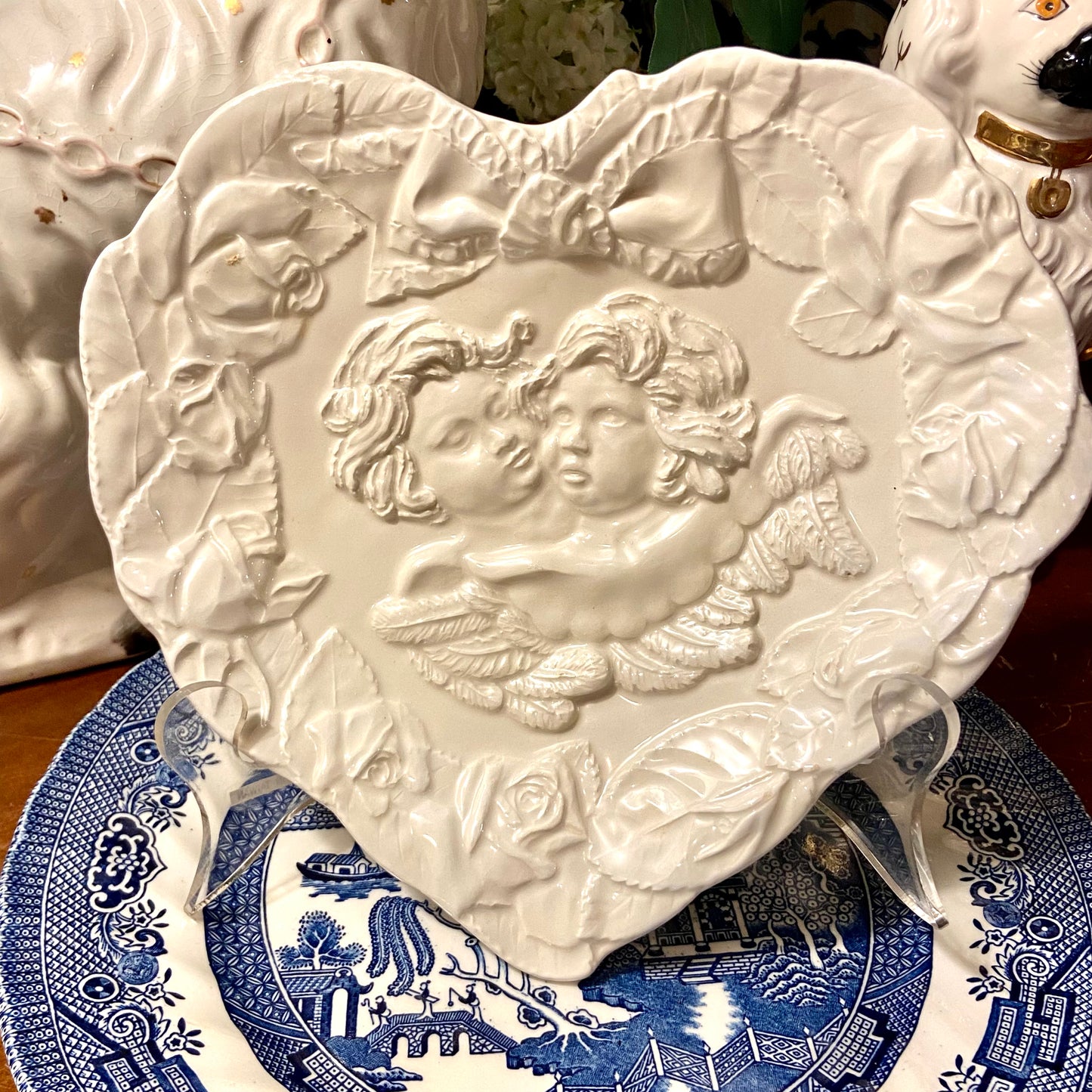 Vintage romantic heart shaped Cupid decorative plate.