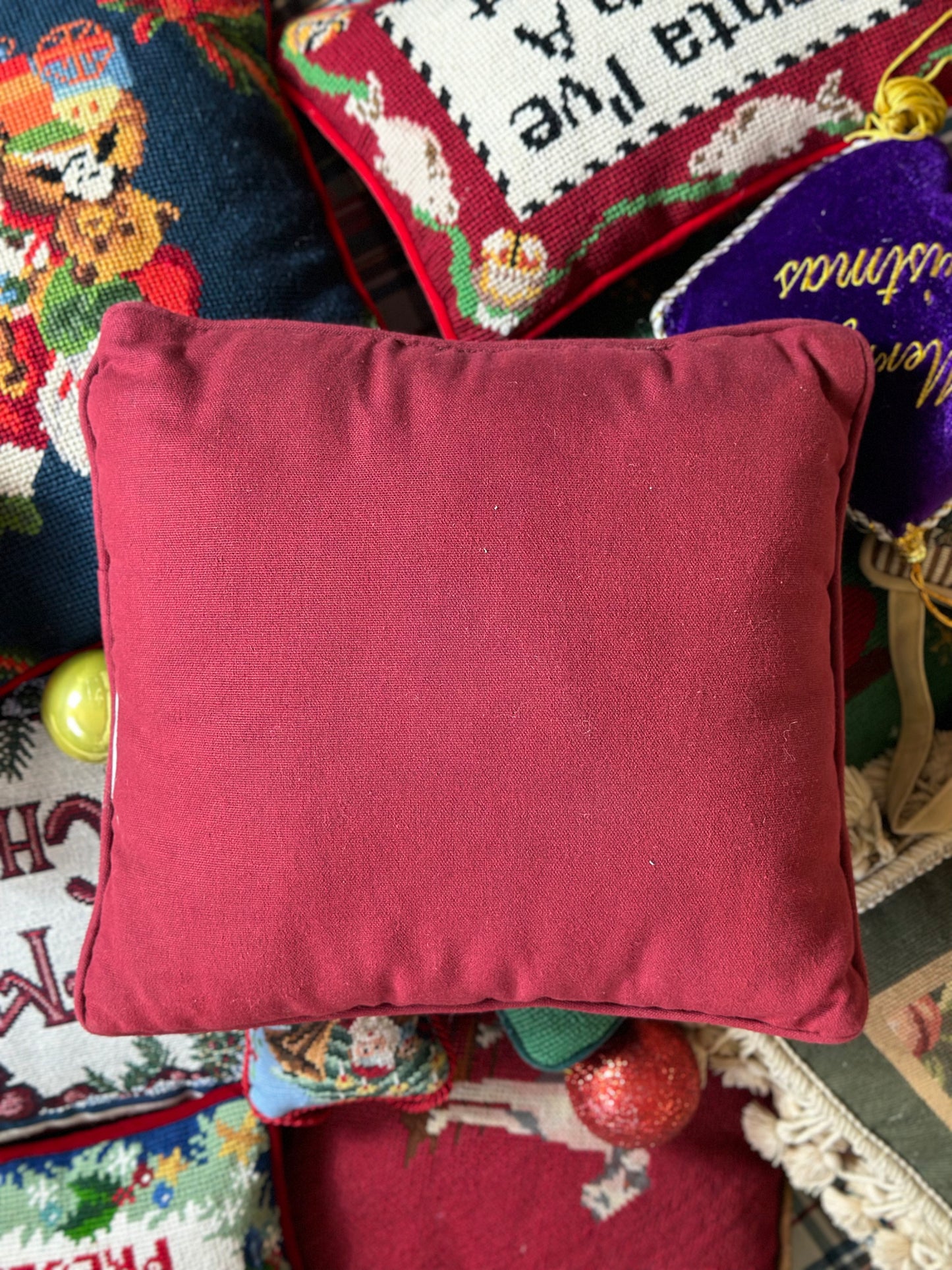 Vintage Holiday Needlework Pillow, 12x12”