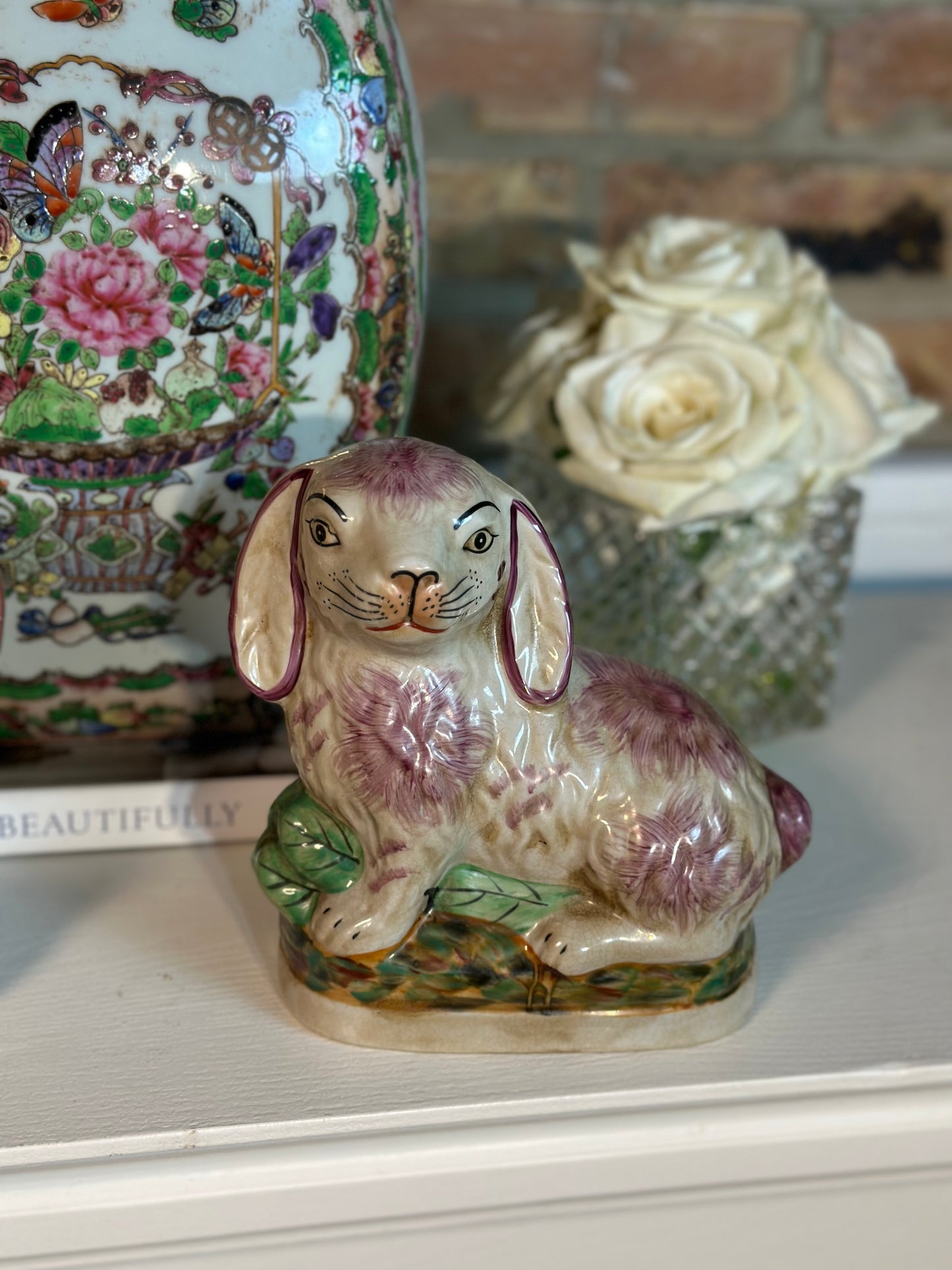 NEW Ceramic Bunny/Rabbit Figure Pair, Pink/White, 6x3" - Pristine!