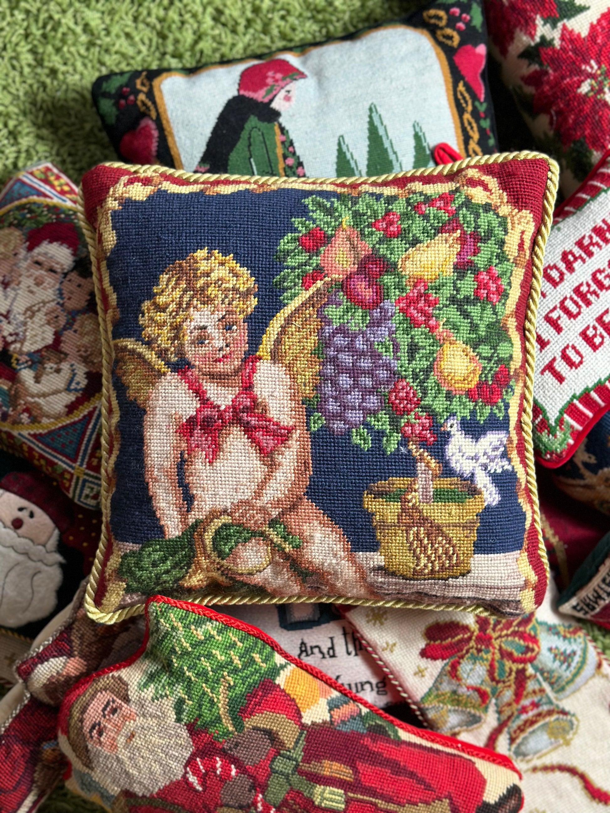 Vintage Cherub needlepoint pillow 14x14 Lillian Grey