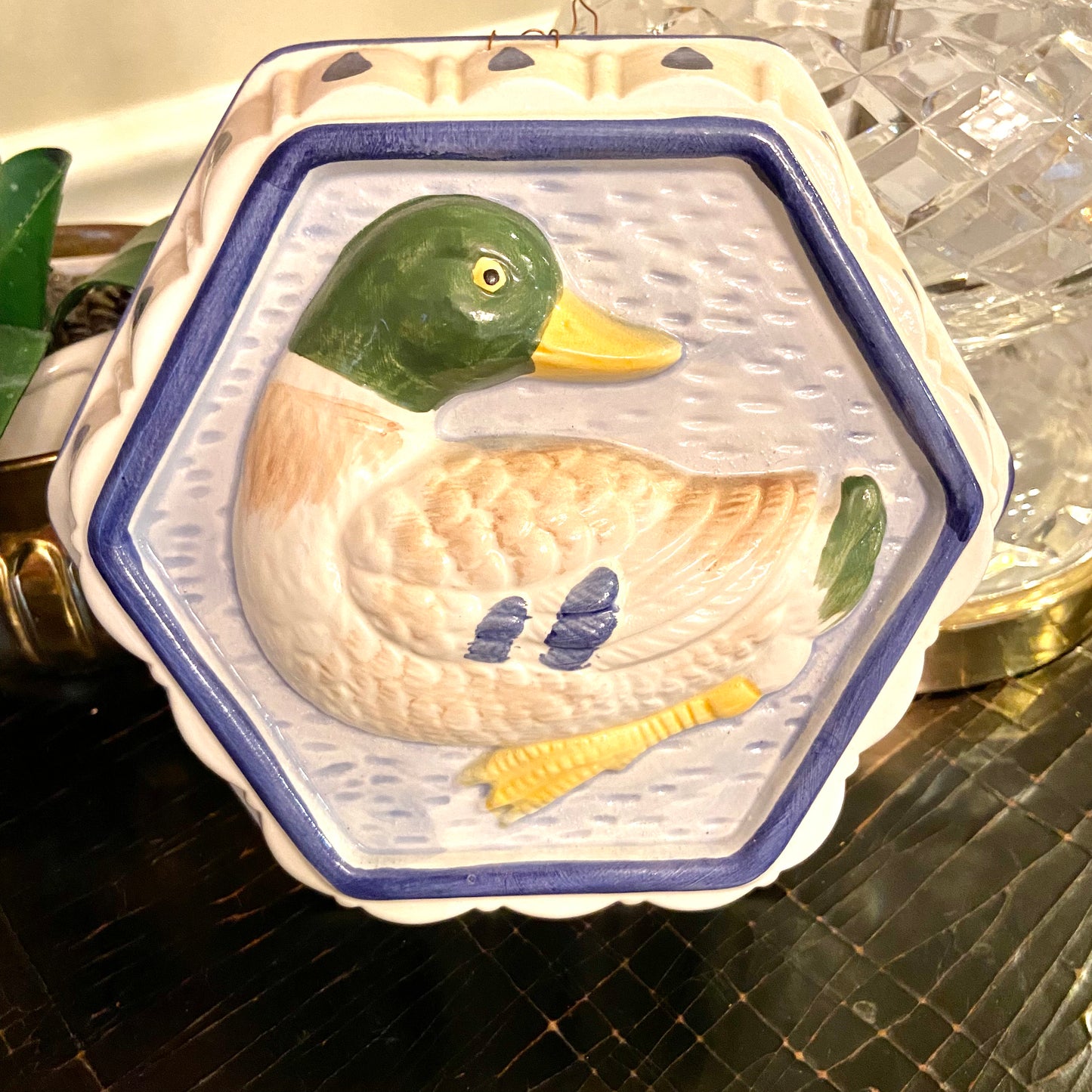 vintage blue and white mallard duck wall plaque
