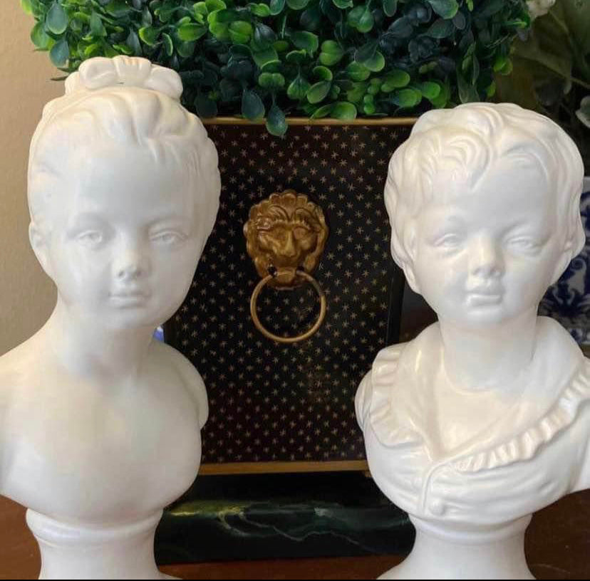 Pair of vintage girl & boy Blanc porcelain bust statues by designer Napco.