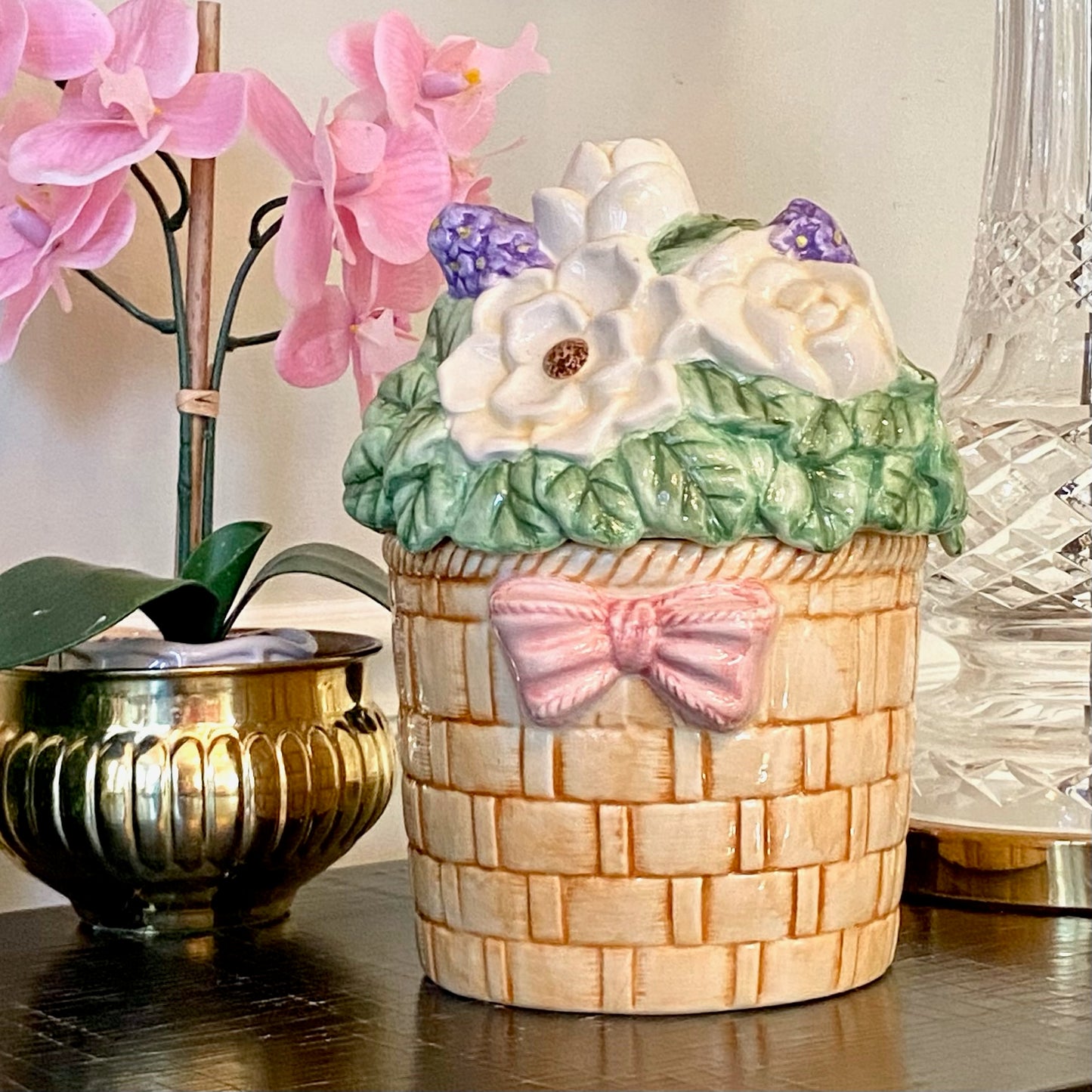 Whimsical vintage basketweave floral large cookie jar centerpiece.