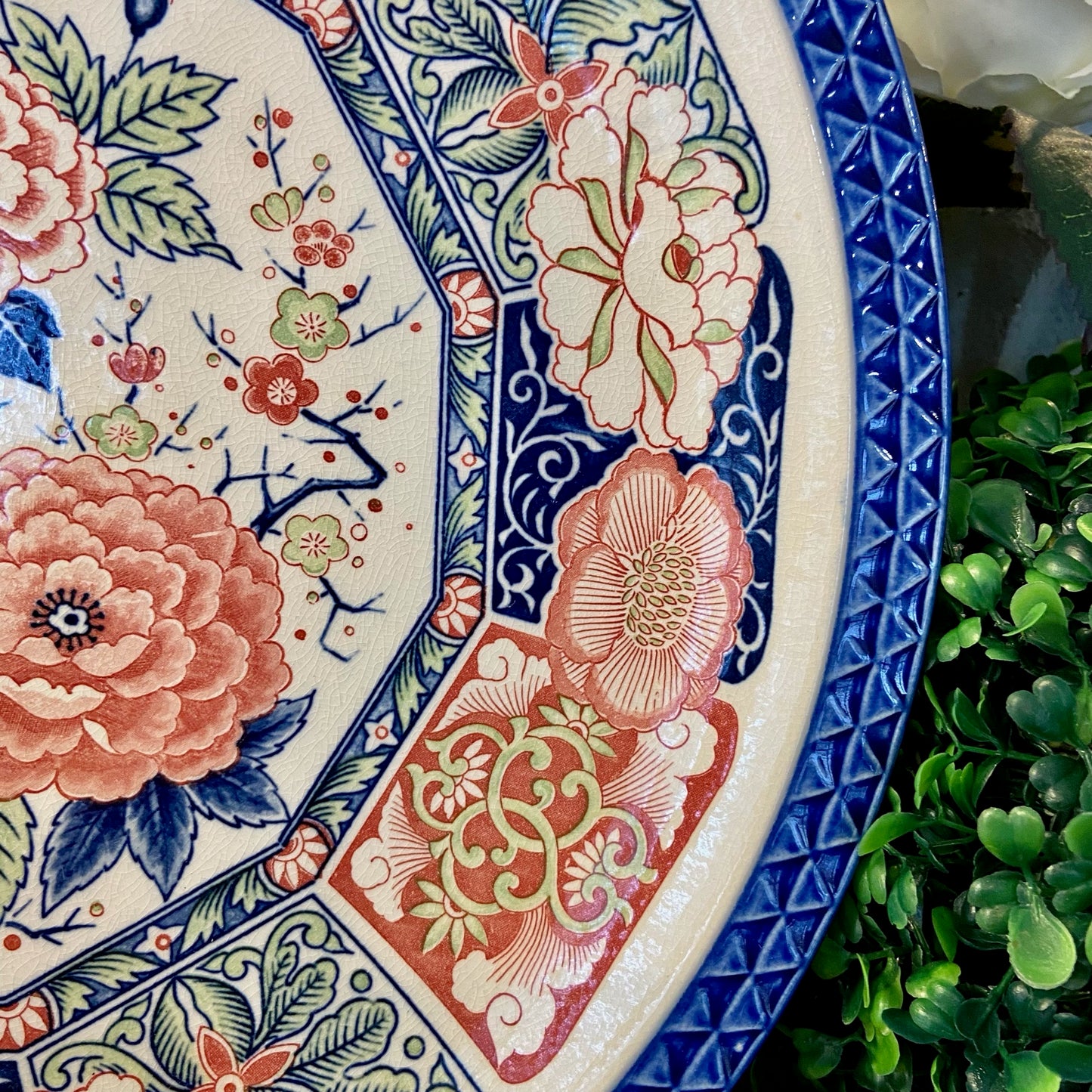 Vintage chinoiserie botanical blue & white Imari large round platter.