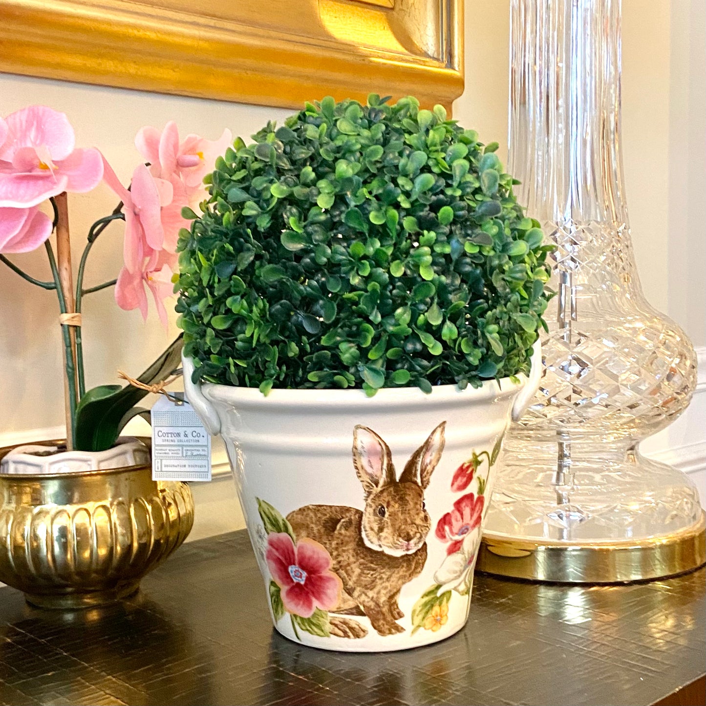 Whimsical Bunny Rabbit botanical basket with handle