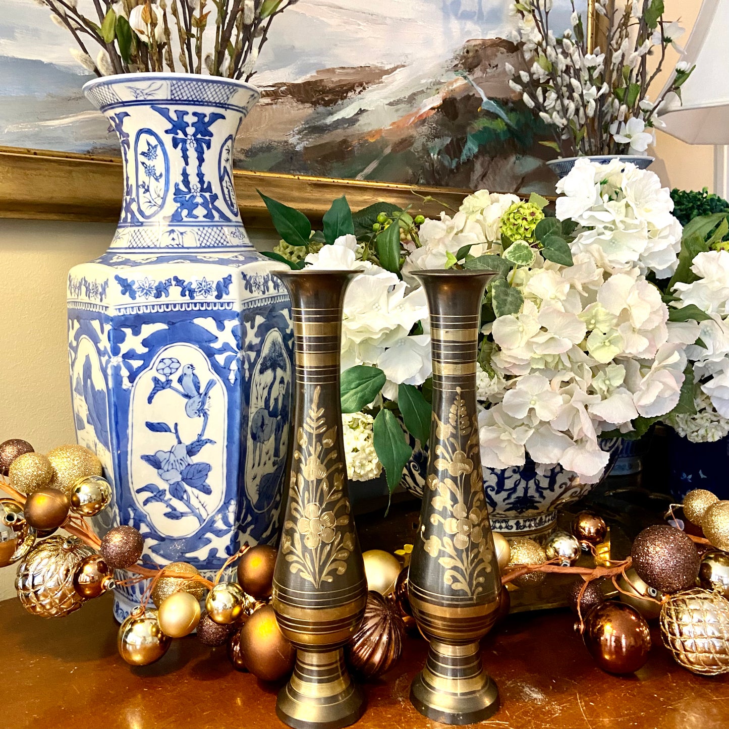 Pair of vintage brass & enamel cloisonné etched vases.
