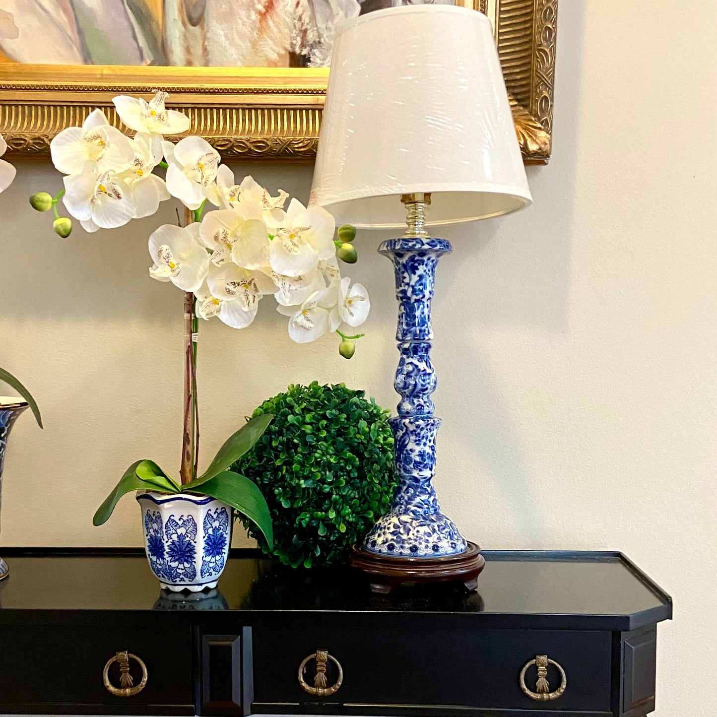 Vintage porcelain blue & white chinoiserie candlestick lamp.