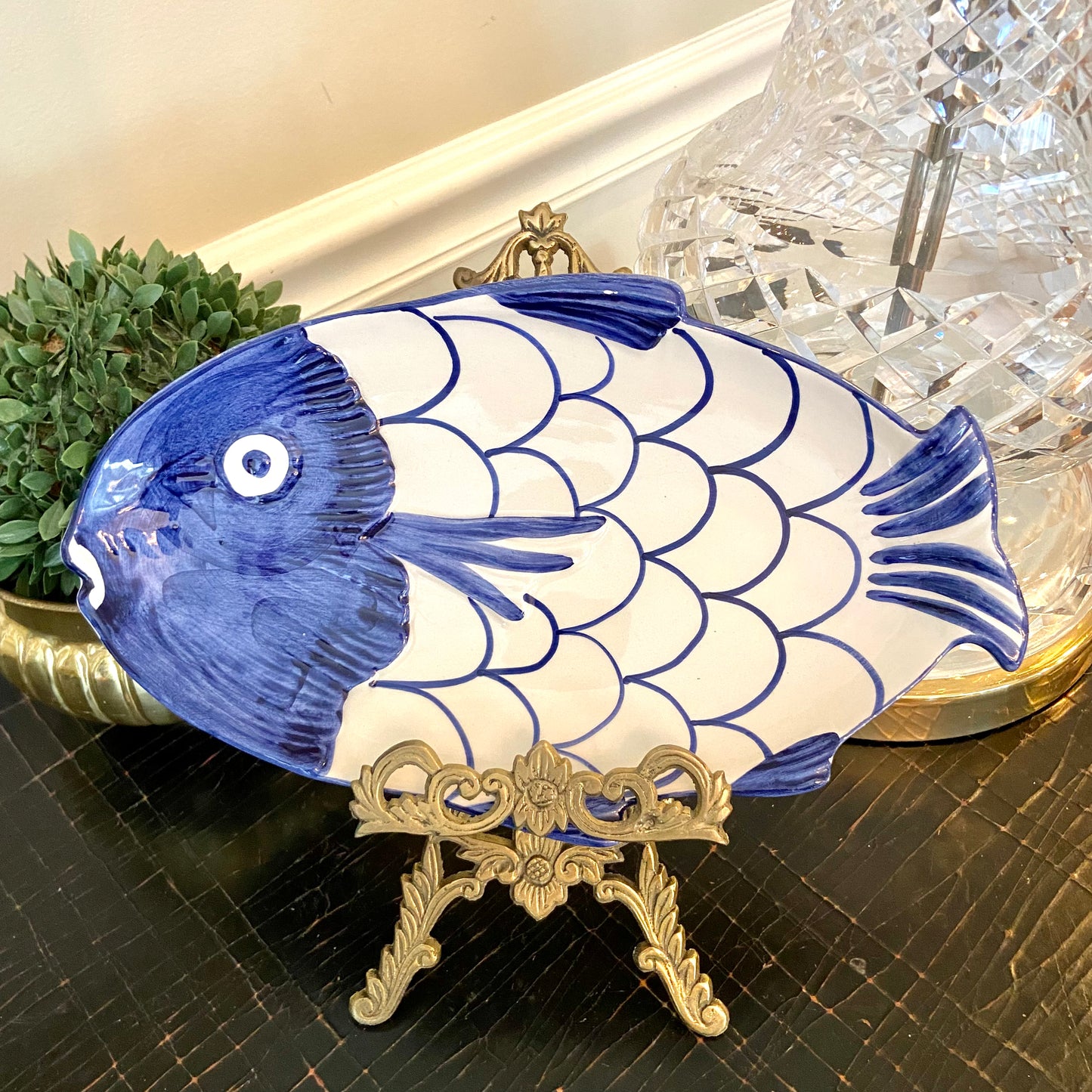 Whimsical vintage porcelain blue and white fish plate by Italian design Zanolli