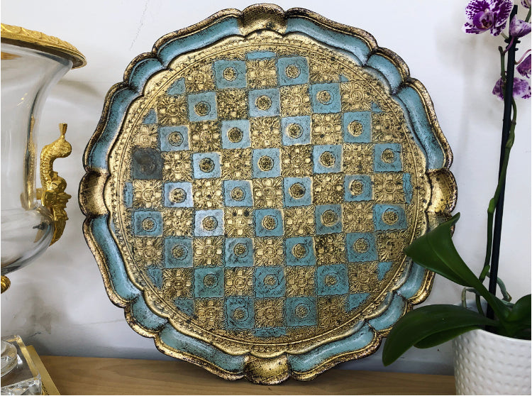 Vintage Florentine Teal and Gold 15” Tray - As Is!