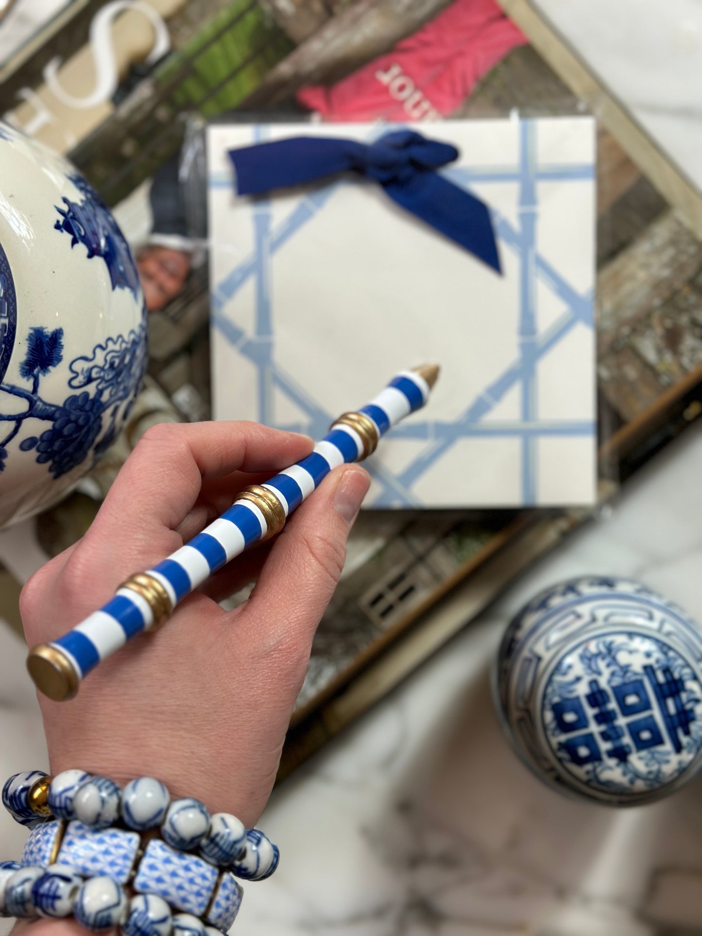 Blue & White Bamboo Notepad + Dana Gibson Pen Gift Set
