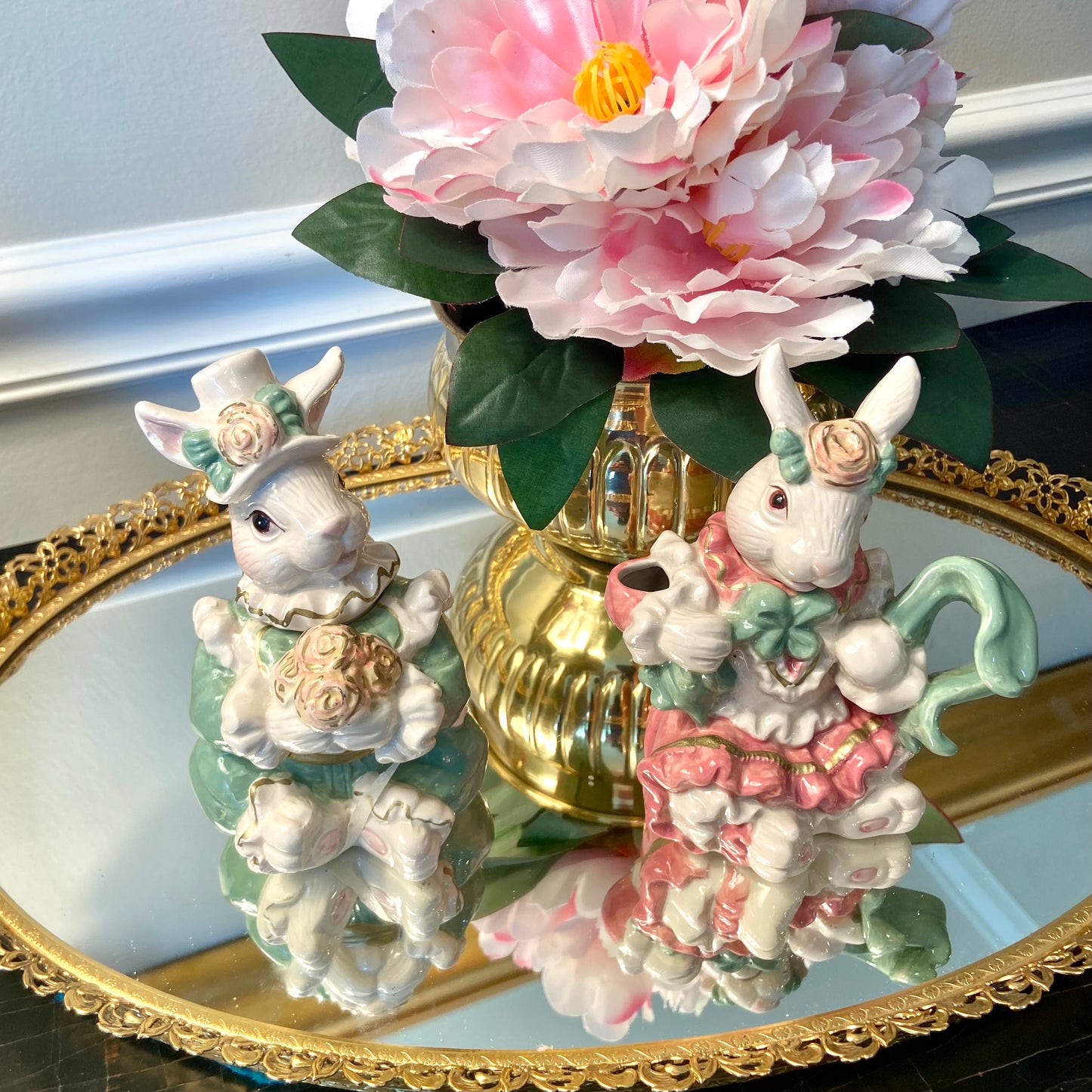 Set of 2 whimsical bunny rabbit cream and suger holders .