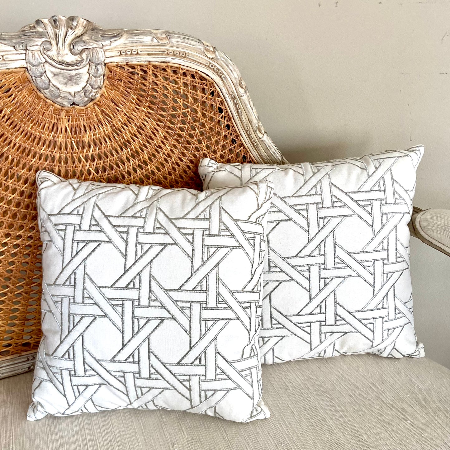 Designer Pair (2) cane throw pillow, white/grey, 16x16” - Pristine!
