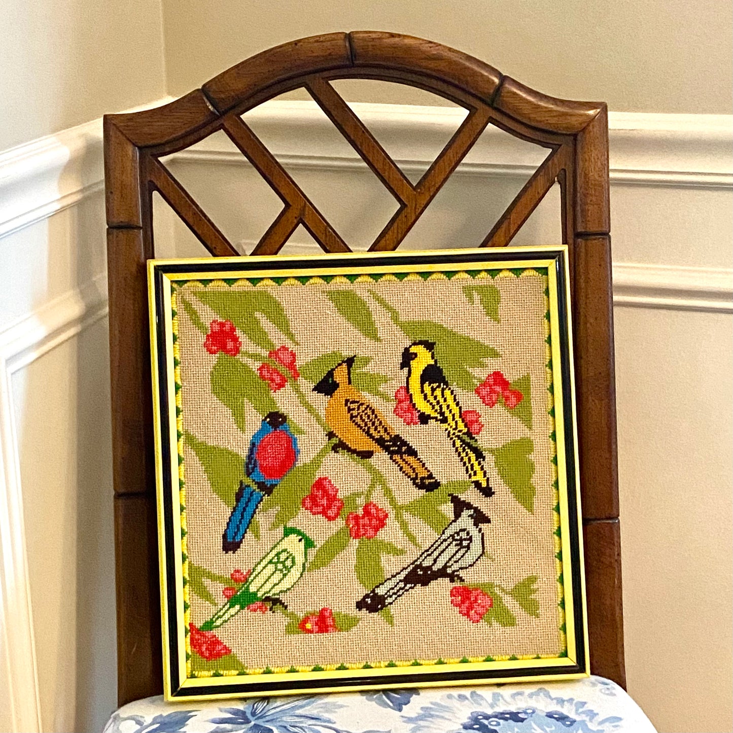 Vintage chinoiserie chic style framed needlepoint wall art