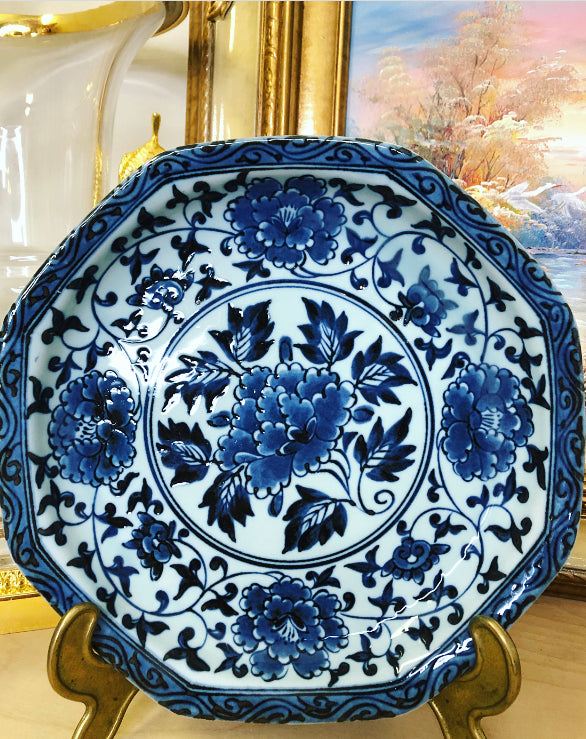 Vintage Andrea by Sadek blue floral shallow bowl- Pristine!
