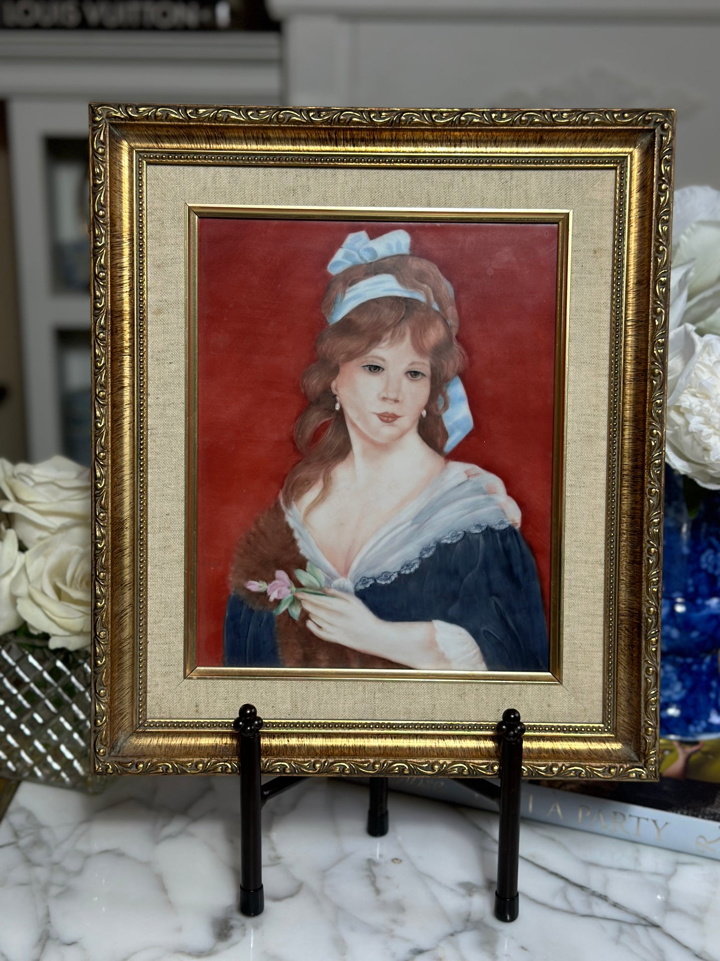 Stunning! Vintage Original Portrait Painting On Porcelain, Gold Framed - Pristine!