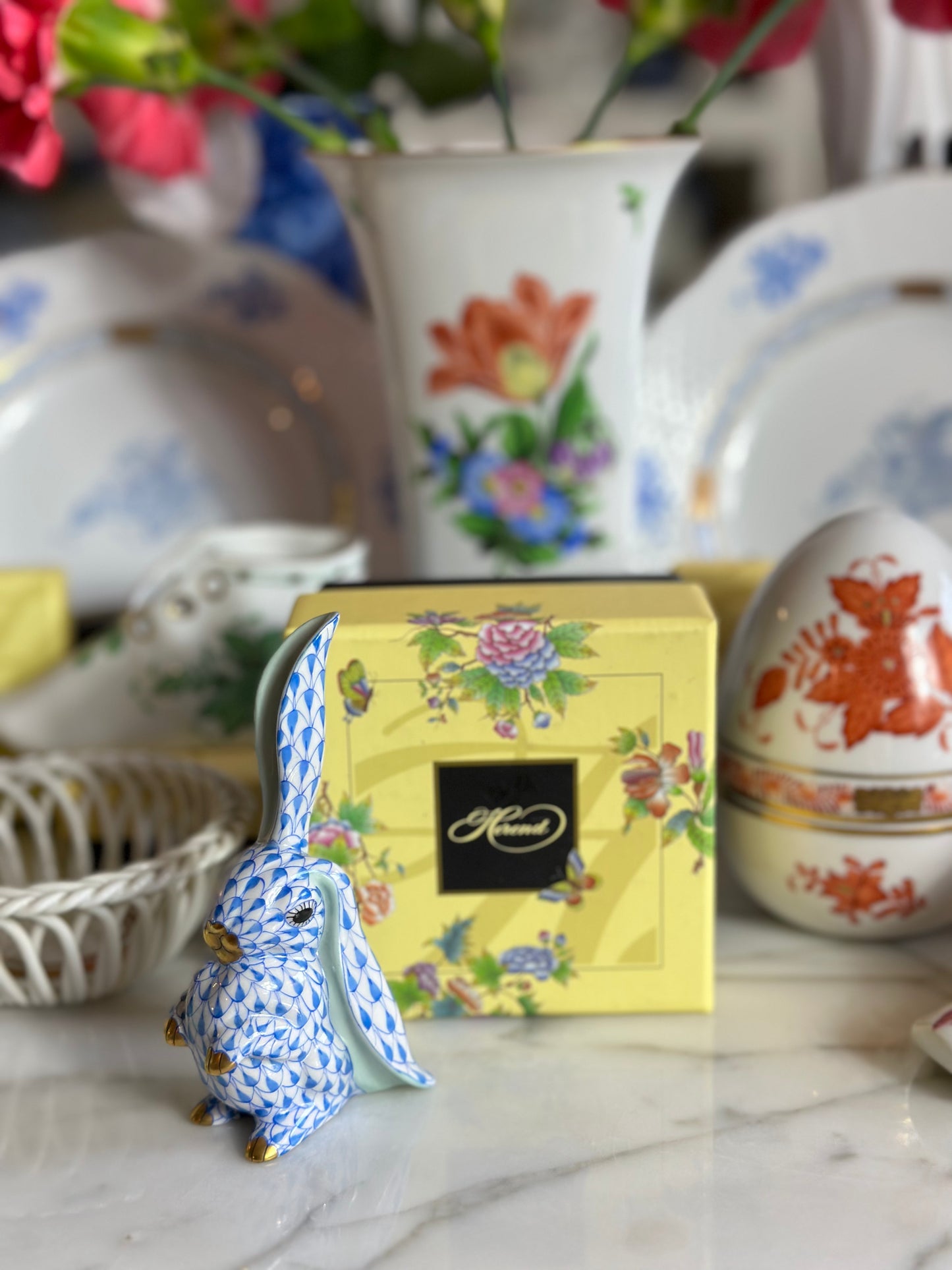 Herend Blue Fishnet Bunny Rabbit, One Ear Up, 4” tall, Retail $340 - Pristine!