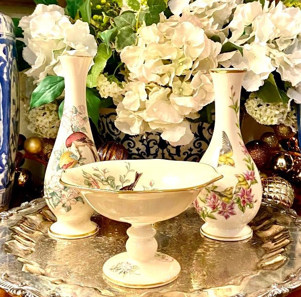 Set of 3 vintage porcelain pieces vases and footed dish  by designer Lenox in Serenade