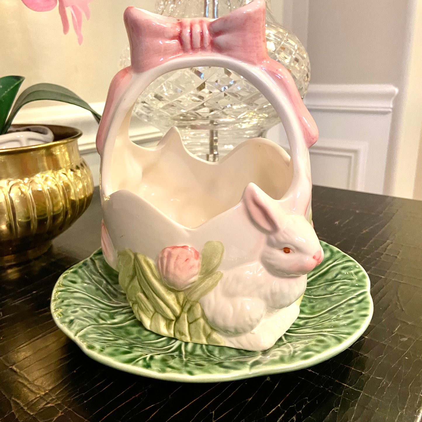 Precious bunny basket with bow candy dish decor