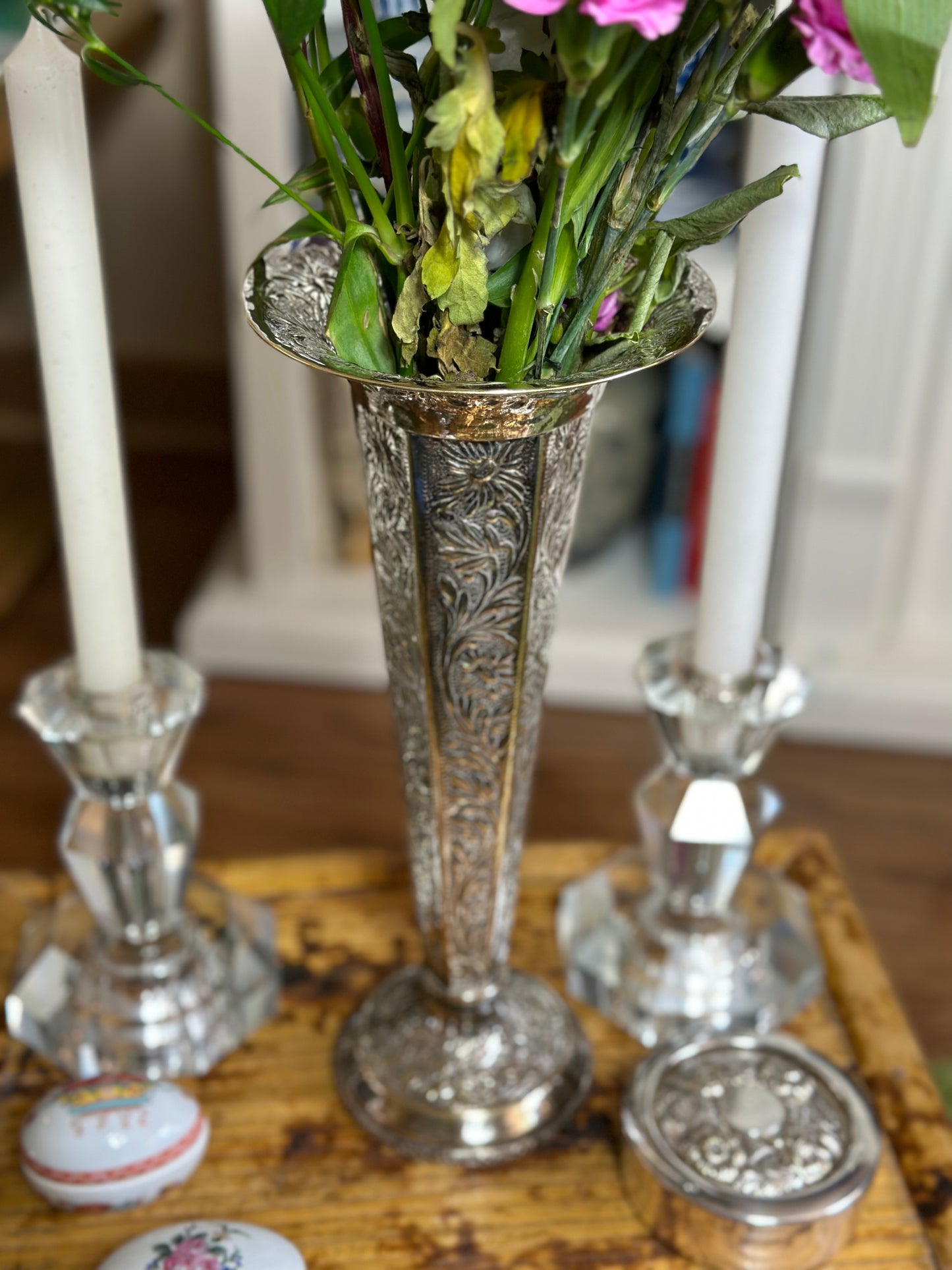 Silverplate, Hammered Floral Tall Trumpet Vase, 12” Tall - Pristine!