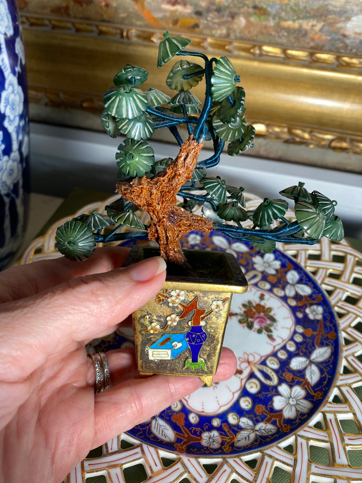 Vintage Cloisonné Petite Jade Glass Tree, 4" Tall - Excellent!