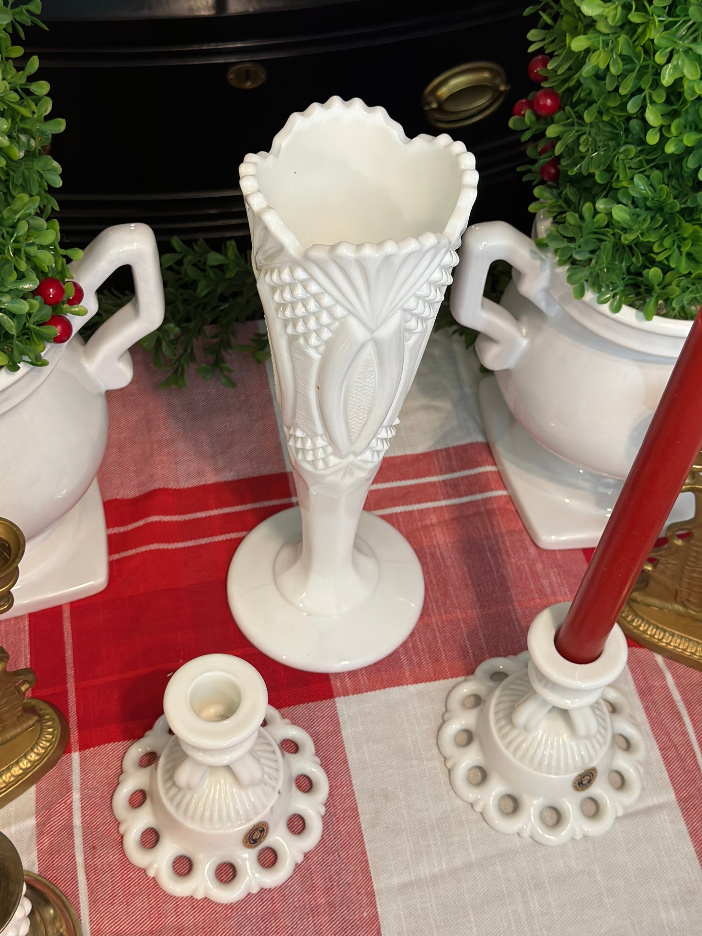 Stunning! Vintage Kemple Jubilee Pattern Milk Glass Vase 12” Tall - Pristine!
