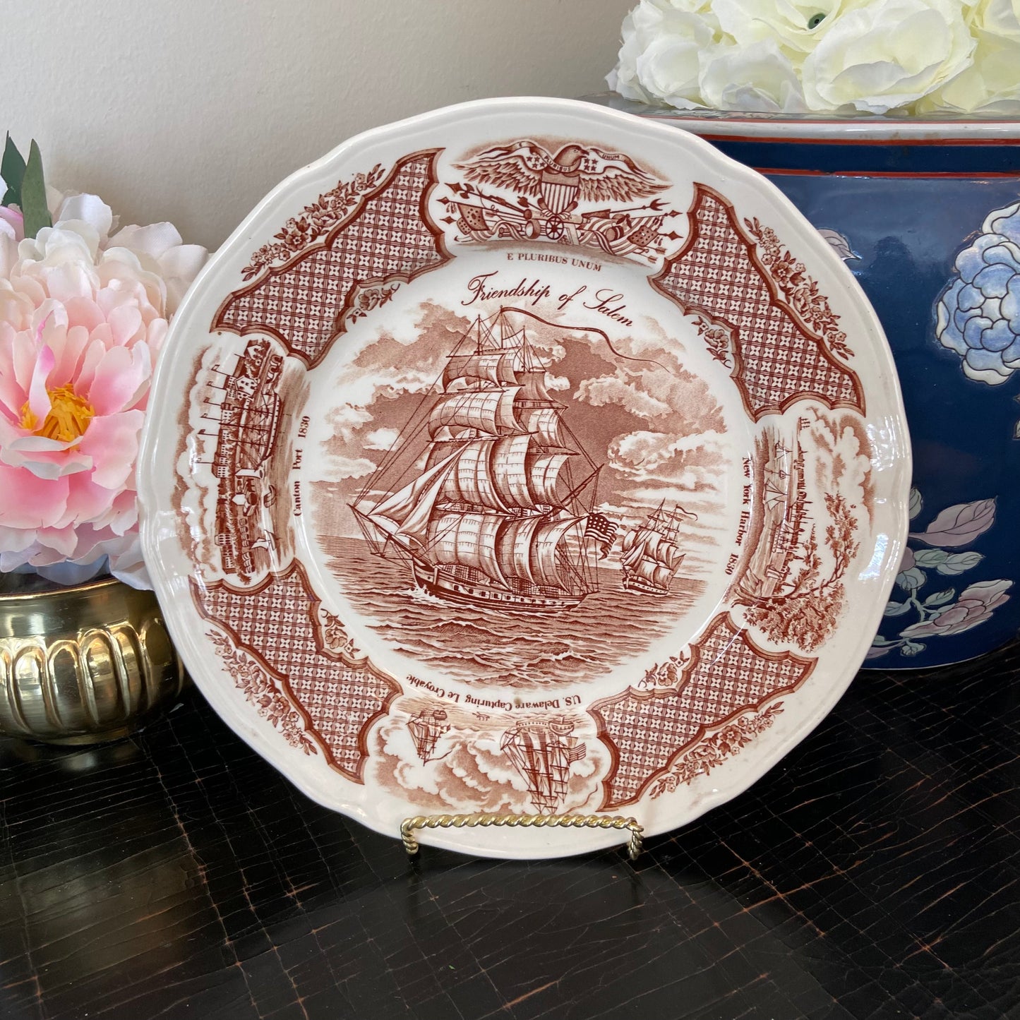 Vintage Staffordshire brown and white plate Fair Winds by Alfred Meakin, England