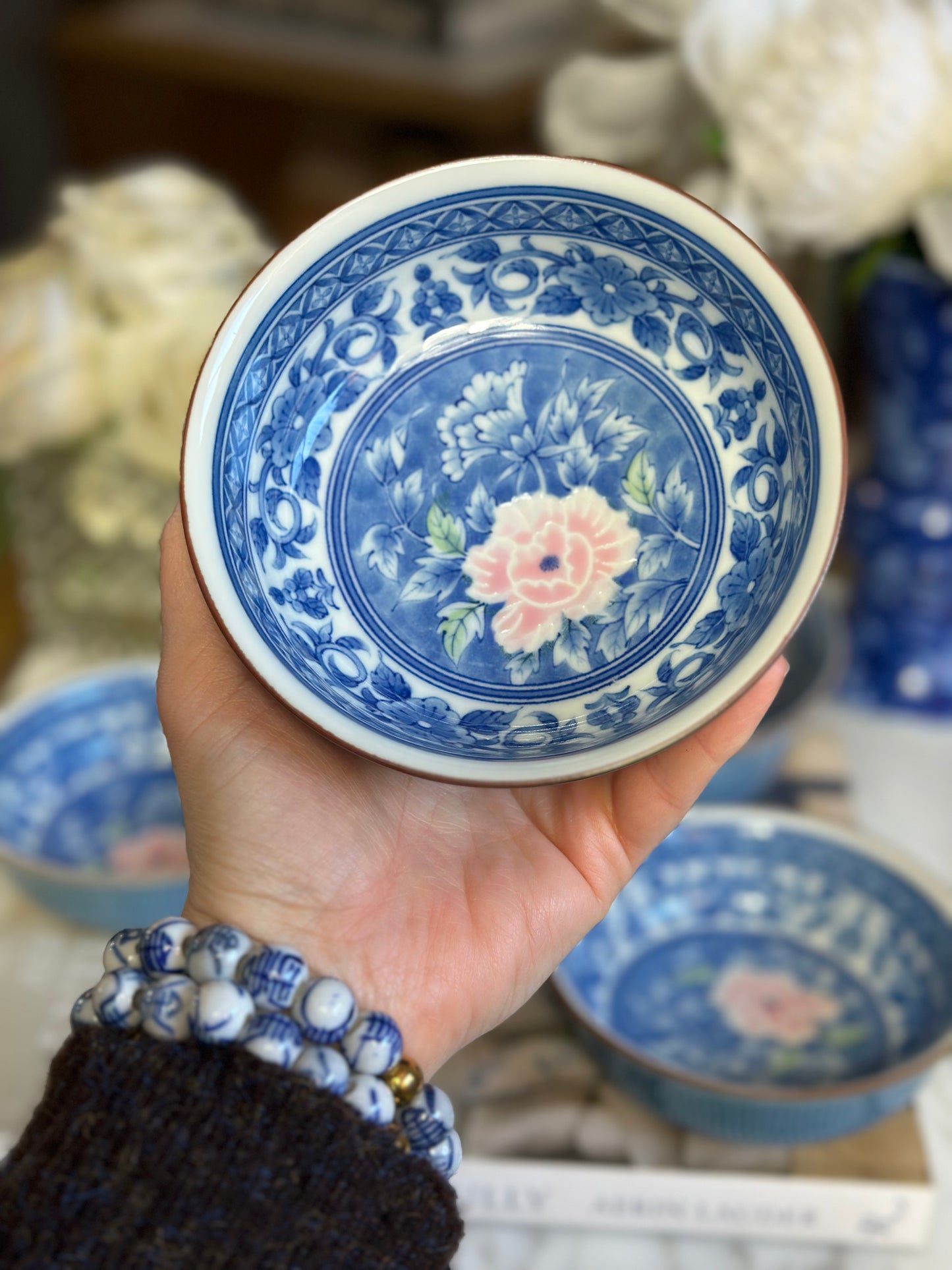 Vintage Blue & White, Andrea By Sadek Floral Porcelain Nesting Bowl Set (5) 8in, 6.5, 5 - Pristine!