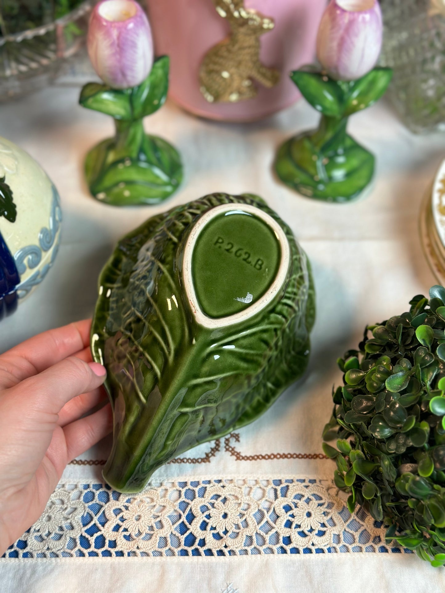 Vintage Green Cabbageware Spoon Rest, Pristine!