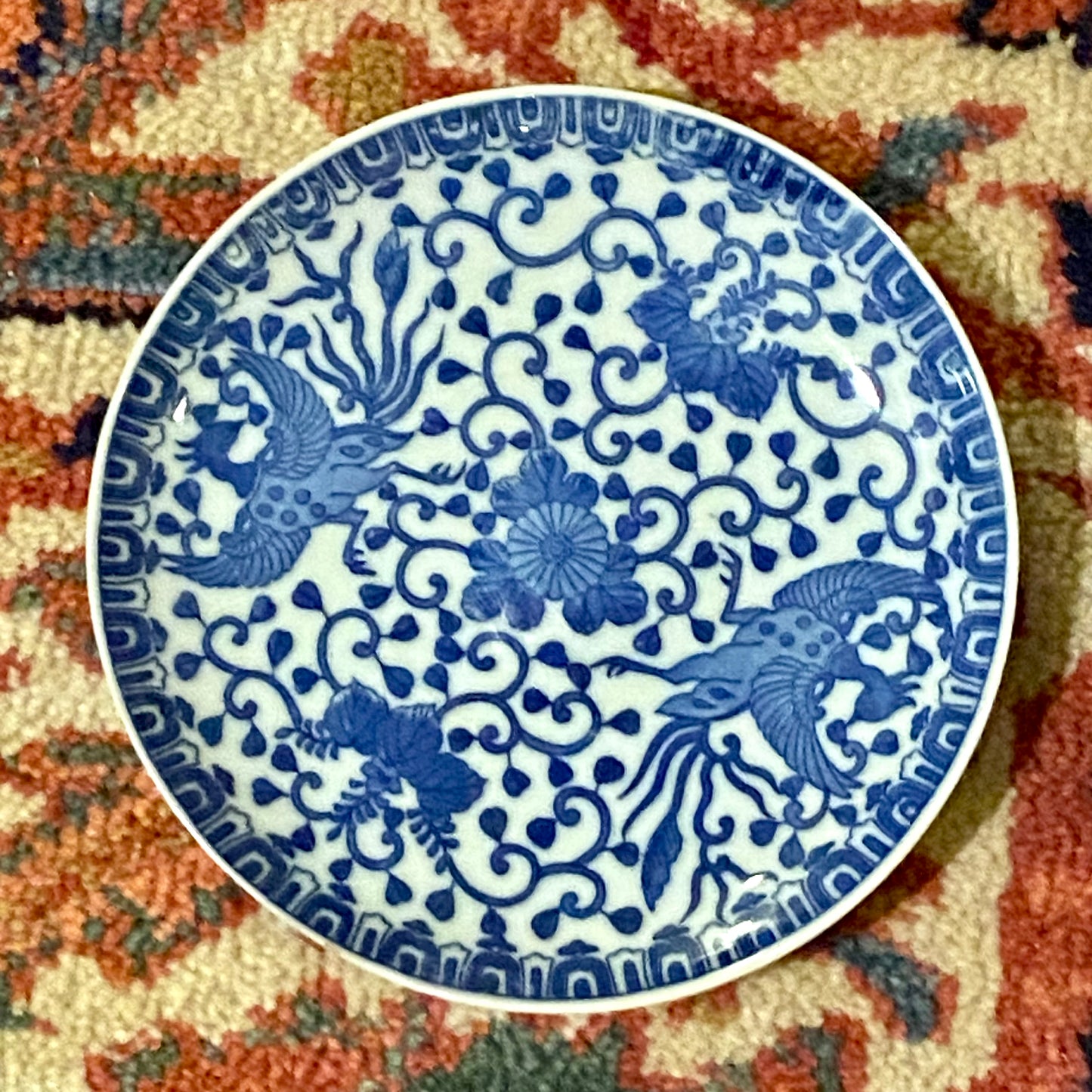 Set of 2 chinoiserie blue & white phoenix bird plates