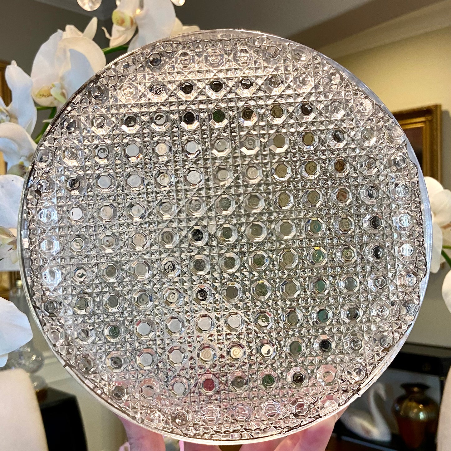 Vintage cut crystal in preppy cane pattern centerpiece bowl .