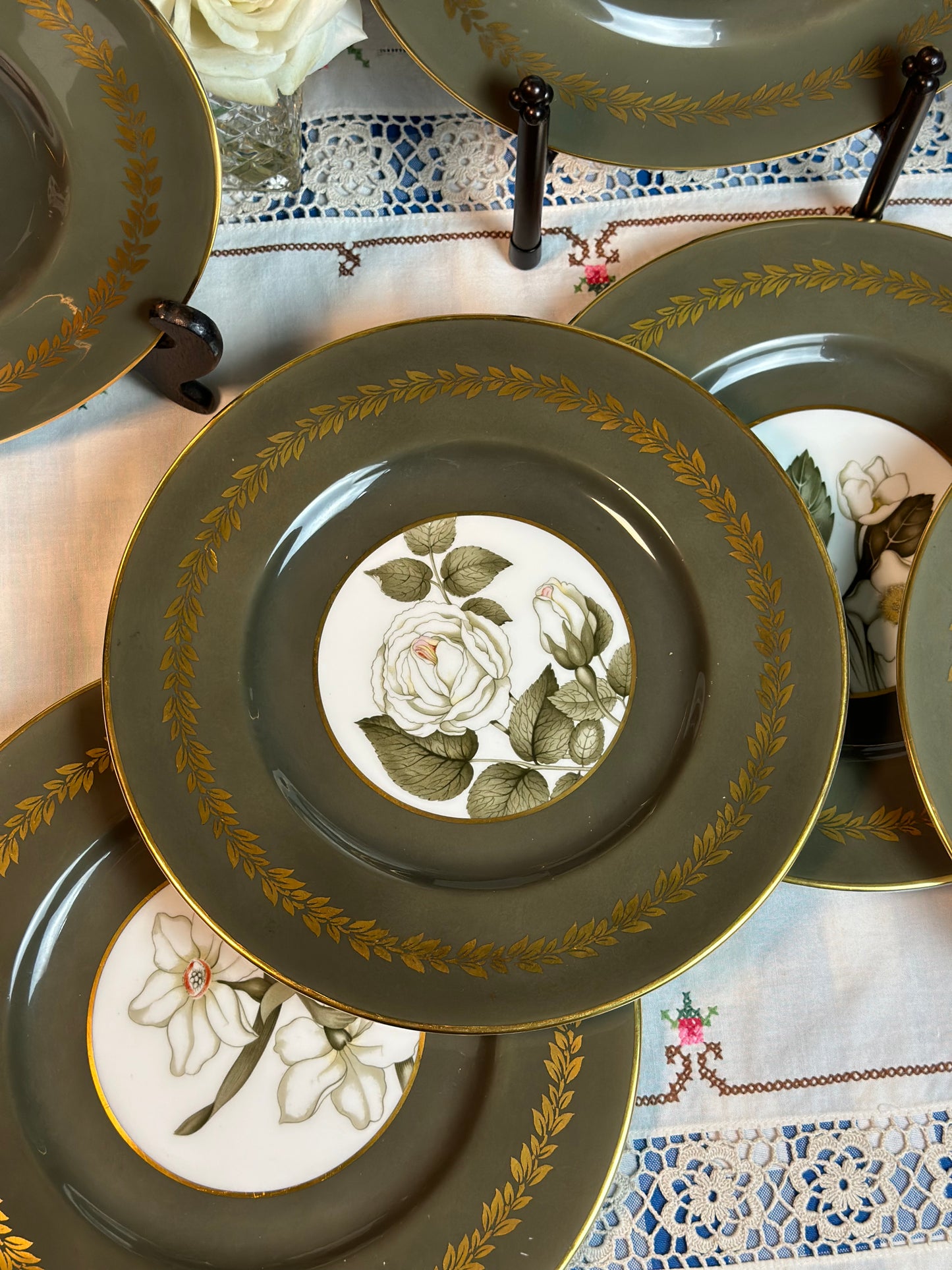 Stunning! Vintage Set (12) Royal Worcester White Flower Bone China Dinner Plates, 10.5”D - Pristine!