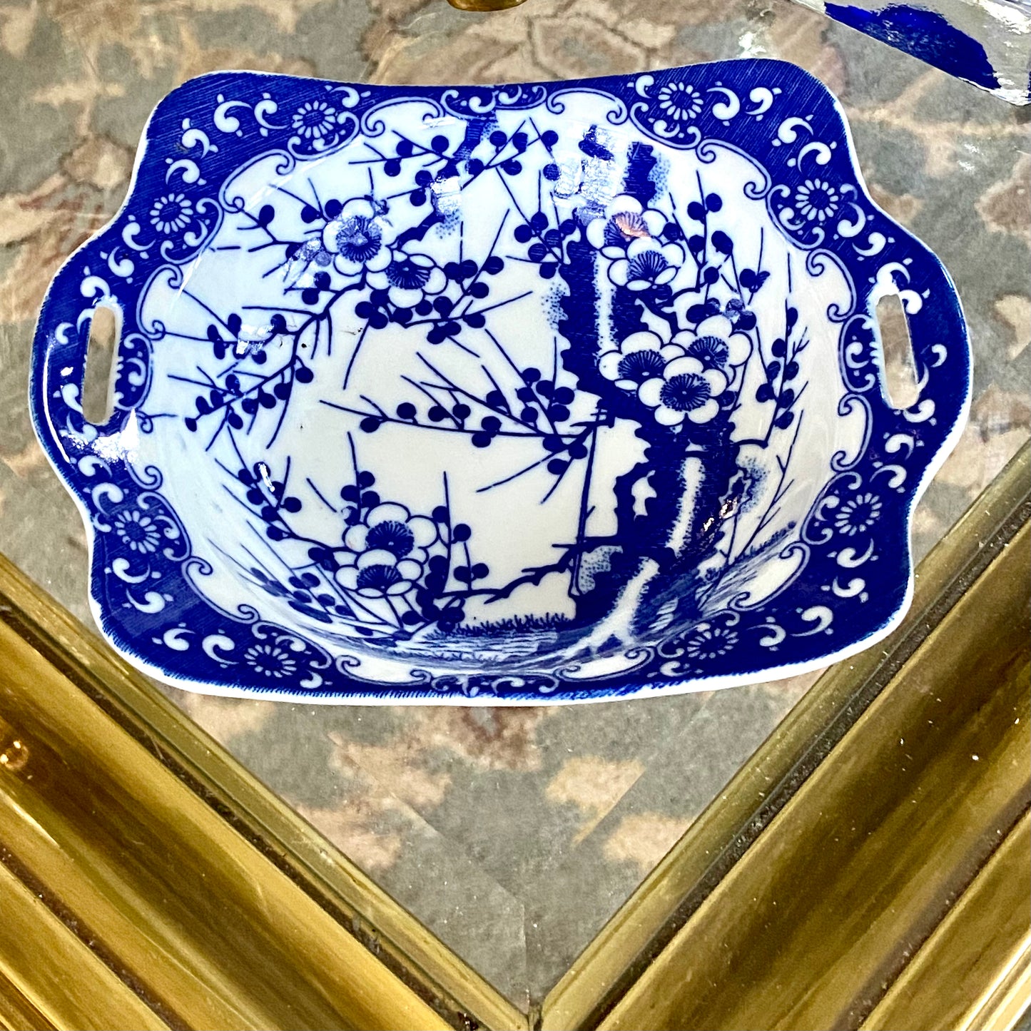 Beautiful cobalt blue and white porcelain cherry blossom double handle dish