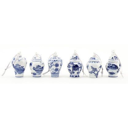 Danny’s Fine Porcelain - (6) Blue & White Porcelain Ginger Jar Ornament Set, 2.5" Tall