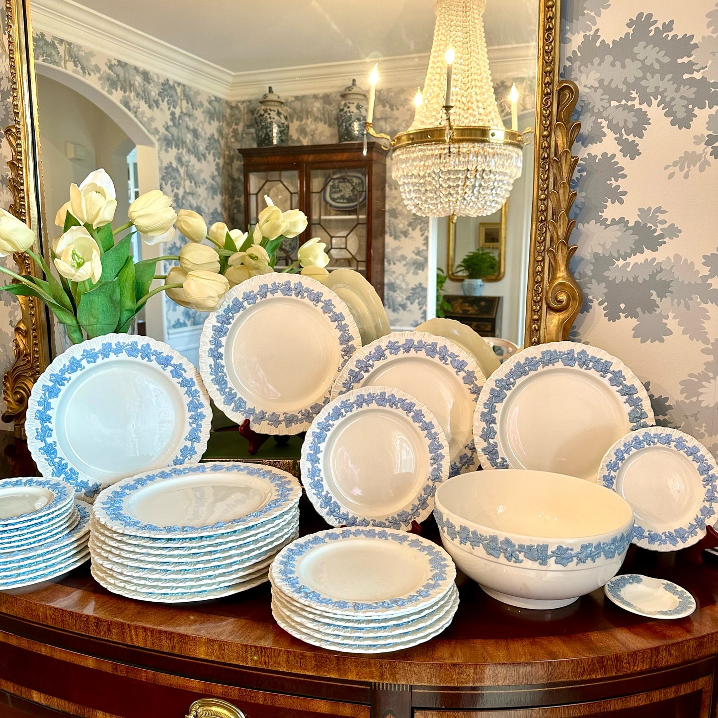 Gorgeous Vintage Wedgwood Queensware Dishes w Shell Edge Blue & White