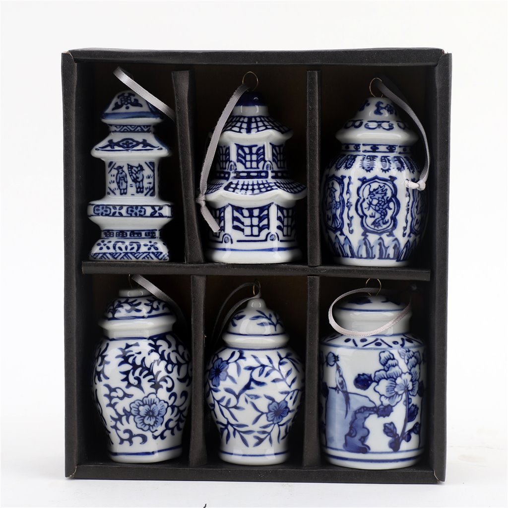 Pre-Sale Blue & White Chinoiserie Glass Ornament Set (6)